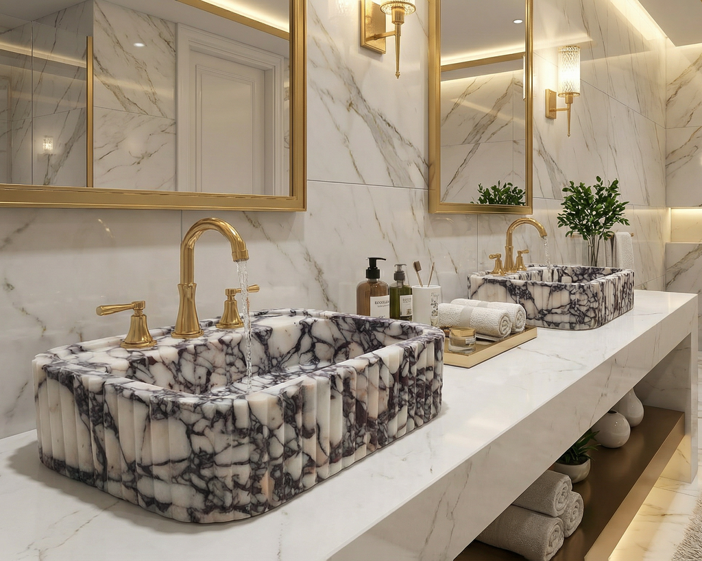 Modern bathroom with marble sinks, gold fixtures, and a bathtub.