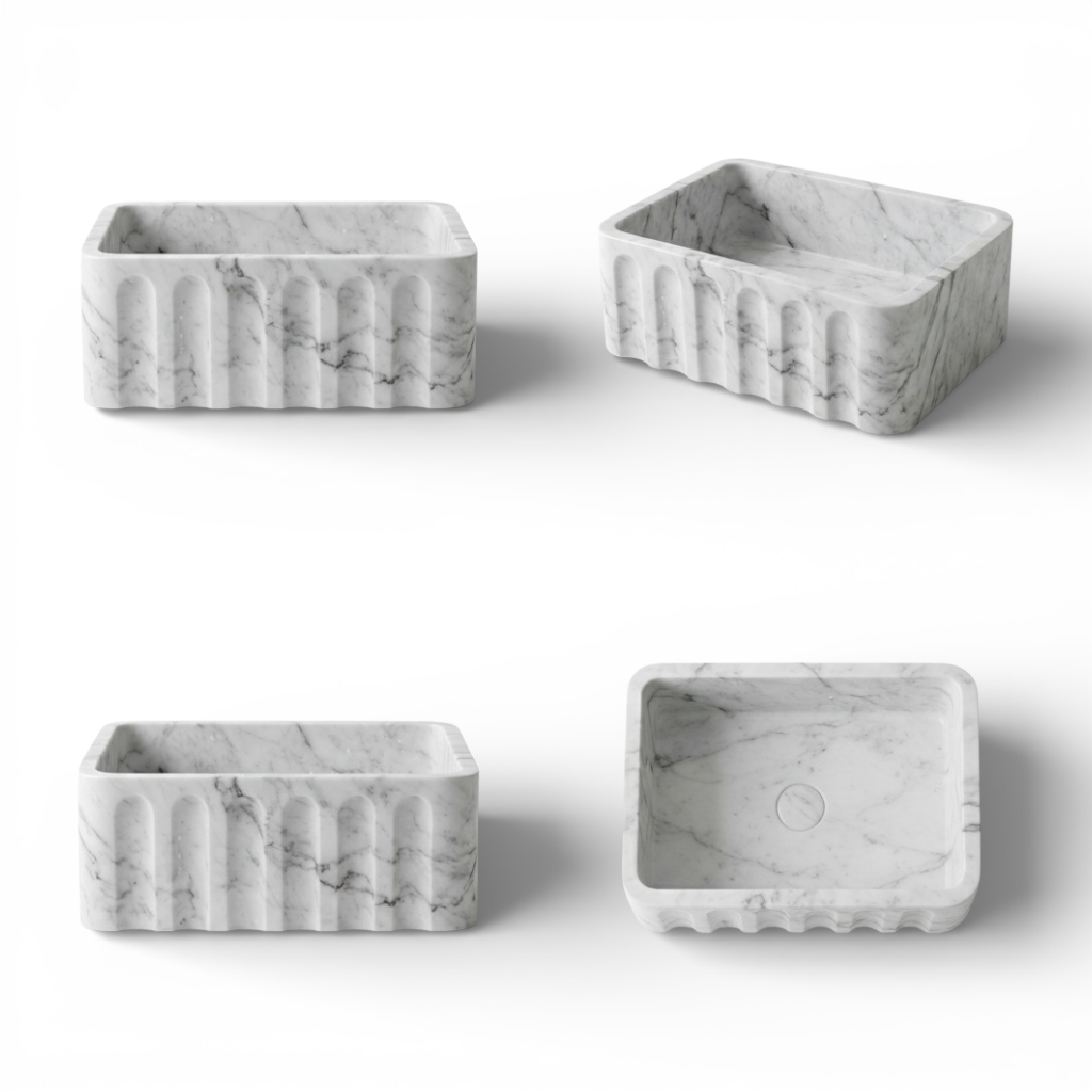 Four marble-textured rectangular containers on a white background