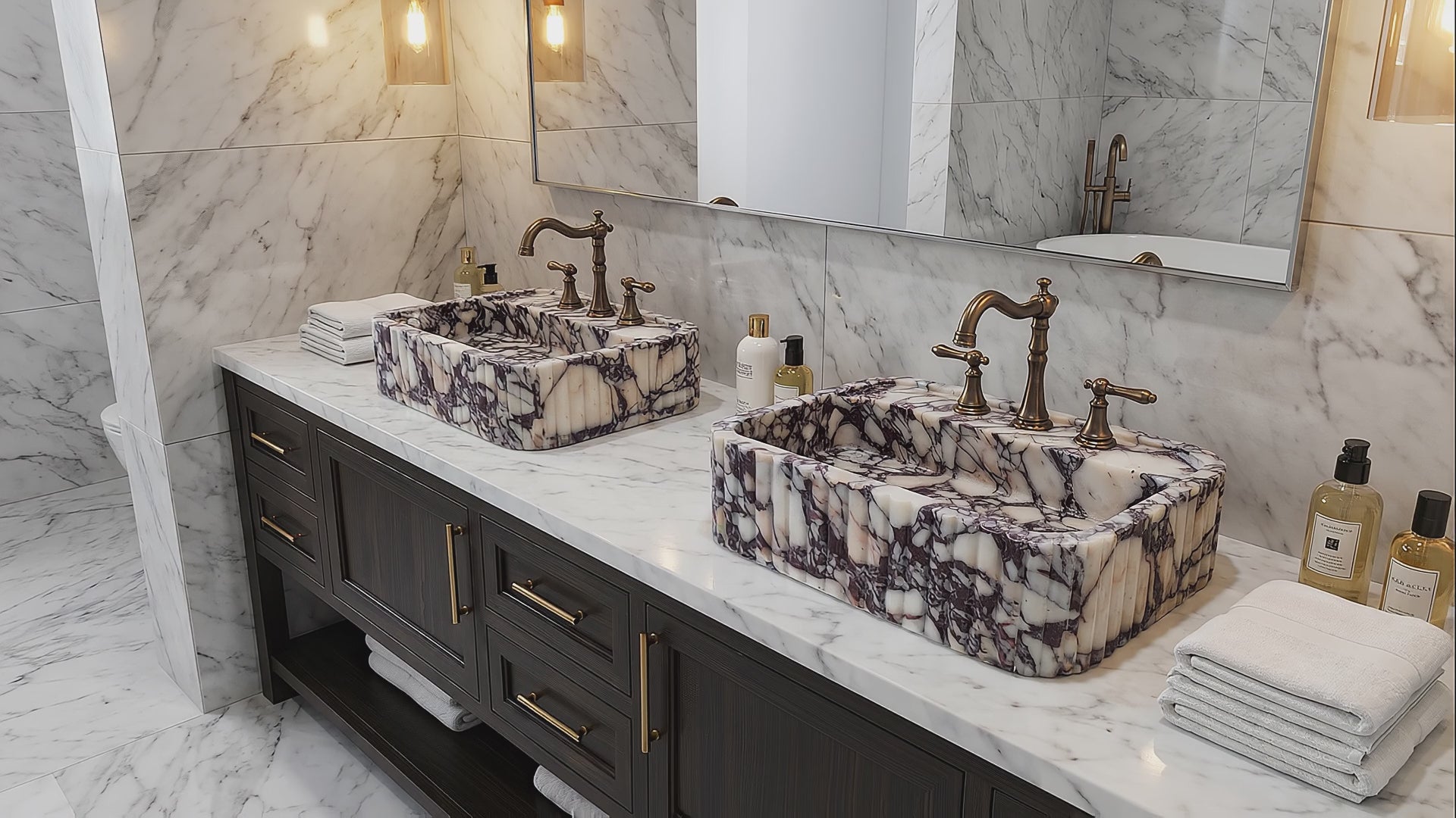 3 Faucet Holes Marble Sink - AMSK250009
